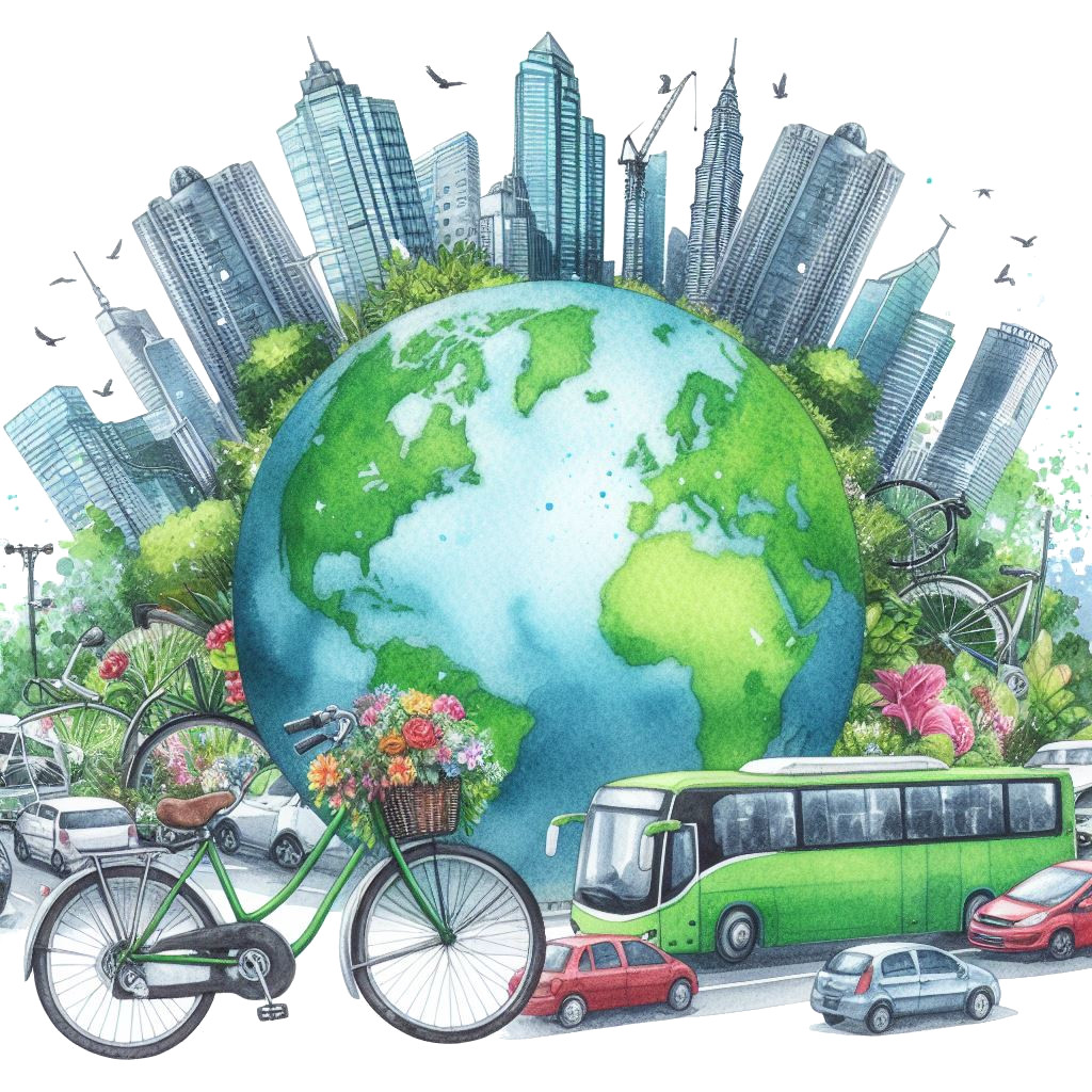 City and globe, bicycles and tranportation means